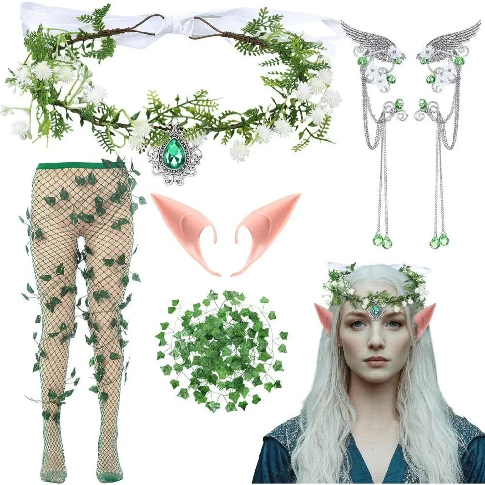 Fairy Elf Costume Accessories Set Woodland Ears Vines Headpiece Jewelry